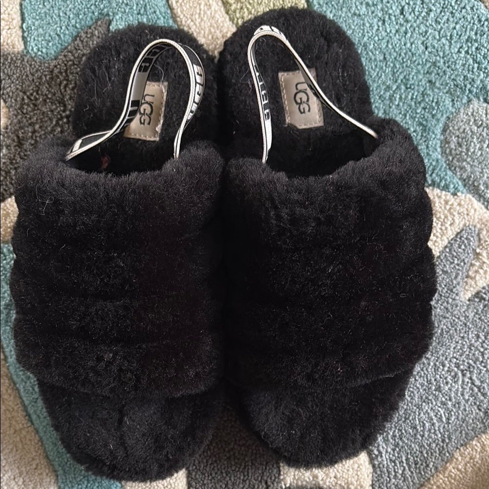 UGG Kids Black Fluffy Slippers